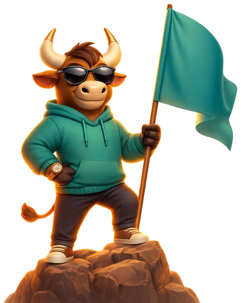 Toro the bull planting a flag on a peak